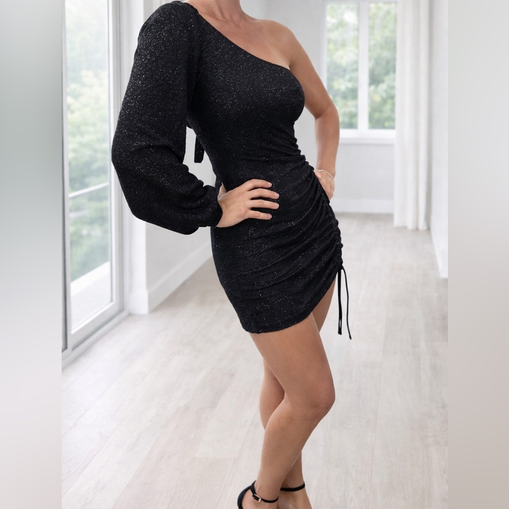 Windsor Black One Shoulder Ruched Mini Dress - Picture 7 of 7